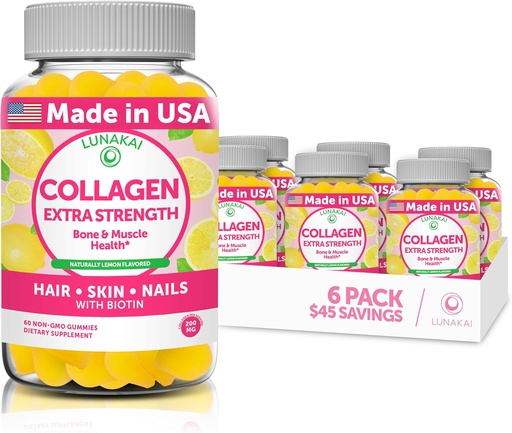 [BRSRMAIRBB5BS2AZ] Lunakai Collagen Gummies - Tastiest Proprietary Formula - 200mg Hydrolyzed Collagen Gummies for Women and Men with Biotin, Zinc, Vitamin C and E - Non-GMO Anti Aging Supplement for Women - 6 Pack