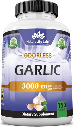 [BRSWGGACBMOQ4ADX] NaturaLife Labs Odorless Garlic – 3,000 mg Equivalent per Serving – 150 Softgels – Concentrated Garlic Bulb Extract with Organic Extra Virgin Olive Oil – Non-GMO, Gluten-Free