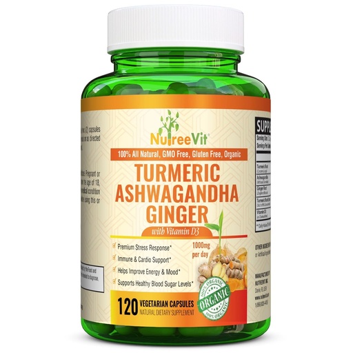 [BRSRMHT4AEPWK2QZ] Organic Turmeric with Ashwagandha & Ginger - 120 Capsules | Ashwagandha Root & Turmeric Supplement with Vitamin D3 | Herbal Supplement for General Wellness