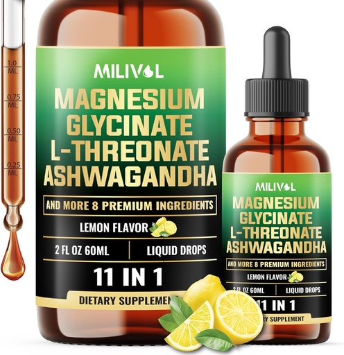 [BRSRAHQ2C4BAYFD4] 10in1 Magneziu Glicinat Tinctură cu magneziu L-Treonat, Ashwagadha, Vitamina D3, C, B6 și mai mult - Creier și Cortizol Supliment - 2 Fl Oz - 60 zile de aprovizionare - Aromă de lămâie