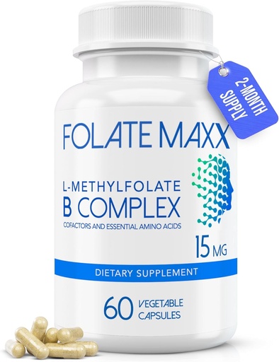 [BRSWYYLYCIPAYADG] FolateMaxx L-Methylfolate + B12 Methylcobalamin & B6 Blend (15mg) - 60 Capsules - Active B-Complex with Cofactors & Essential Amino Acids - Non GMO, Gluten Free, No Fillers