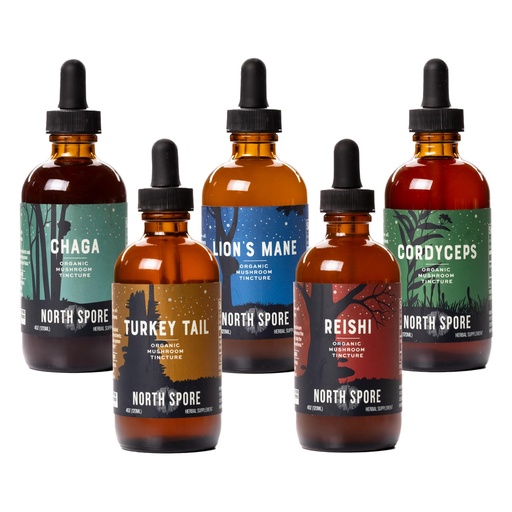 [BRSRAHDYCJ7G22TV] North Spore (5-Pack) Mushroom Tincture Variety Pack, 4 oz Each | Lion's Mane, Chaga, Cordyceps, Turkey Tail, Reishi | Organic, Vegan, Non-GMO | 100% Fruiting Body Extracts
