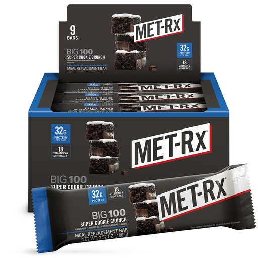 [BRSWIBAYBJYB2DLI] MET-Rx Big 100 Protein Bar, Meal Replacement Bar, 32G Protein, Super Cookie Crunch, 3.52 Oz (Pack of 9)