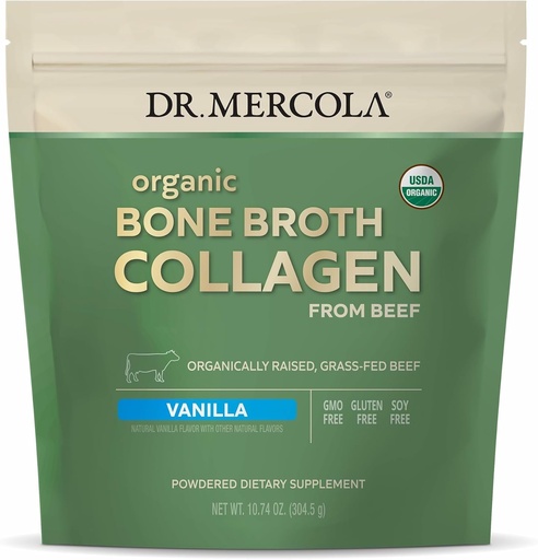 [BRSWGCYPOYPB6E3L] Dr. Mercola Orgánica Bone Broth Collagen Powder - Apoyo a la Salud Bone &amp; Crecimiento Musculo - USDA Organic, Non-GMO, Gluten-Free &amp; Dairy-Free - 30 Servimientos - Vanilla Flavor