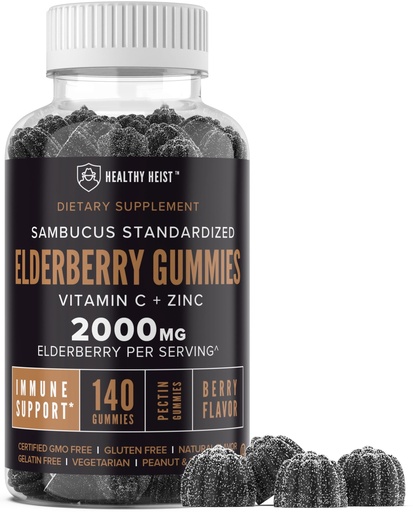 [BRSROZIZAABAYFYV] Sambucus Black Elderberry Gummies with Zinc and Vitamin C by Healthy Heist, 140 Gummies, Chewable Immune Support for Adults and Kids, Non GMO, Kosher, Pectin, Vegan, Delicious Berry Flavor