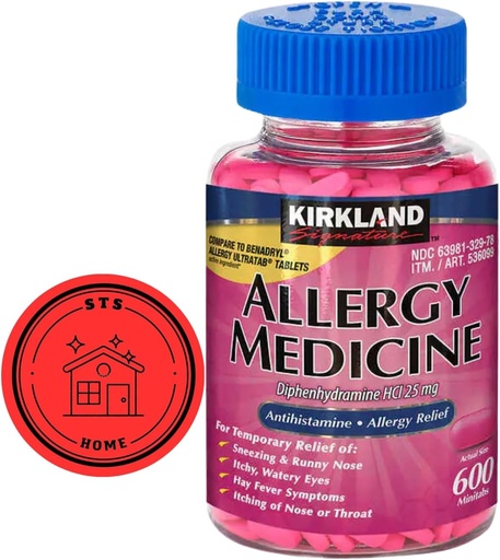 [BRSROHYROQCGYALG] KirkIand Signature Allergy Medicine Diphenhydramine HCI 25 Mg, 600 Minitabs + STS Sticker.