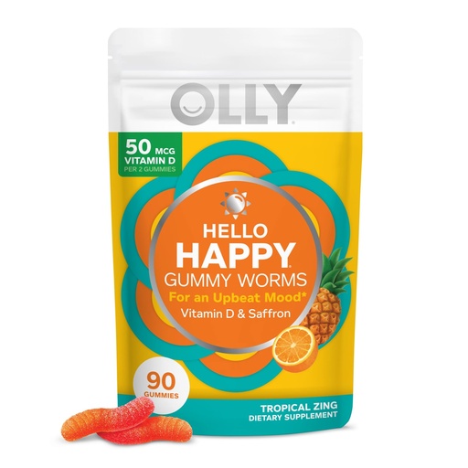 [BRSW2AAHAR5BGGT2] OLLY Hello Happy Gummy Worms, Mood Balance Support, Vitamin D, Saffron, Adult Chewable Supplement, Gluten Free, Tropical Zing - 90 Count