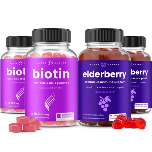 [BRSROGACAQCAOE3D] NutraChamps Biotin Gummies (2 Pack) and Elderberry Gummies (2 Pack) 4 Pack Bundle