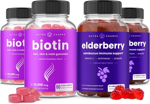 [BRSROGACAQCAOE3D] NutraChamps Biotin Gummies(2パック)とElderberry Gummies(2パック)4パックバンドル