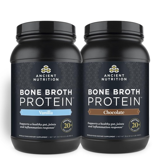 [BRSRMEA6CIPROFYU] Ancient Nutrition Bone Broth Protein Powder, Chocolate, 40 Servings + Bone Broth Protein Powder, Vanilla, 40 Servings