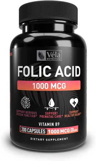 [BRSRMZYDB4NAACTO] Supplément à l'acide folique $ 1 000 mcg par portion, 200 capsules $ Soutenir la santé cardiaque, Supplément de soutien prénatal $ Non-OGM, 3e partie testée