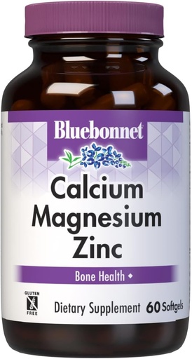 [BRSWIYT3PMDBGEL6] Bluebonnet Nutrition Calcium Magnesium Zinc Plus Vitamina D3, 1000 mg di Calcio, 500 mg di Magnesio e 15 mg di Zinco, 400 IU Vitamin D3, For Strong Healthy Bones*, Gluten-Free, Dairy-Fee, 60 softgel