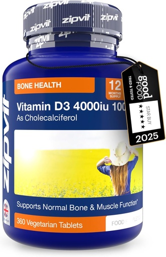[BRSWG2YBOIDQEADU] Zipvit Vitamin D3 4000iu x 360 Tablets - High Strength Vitamin D | Supports Bone & Muscle Function - Maintains Immune System | Vegetarian - 12 Months Supply