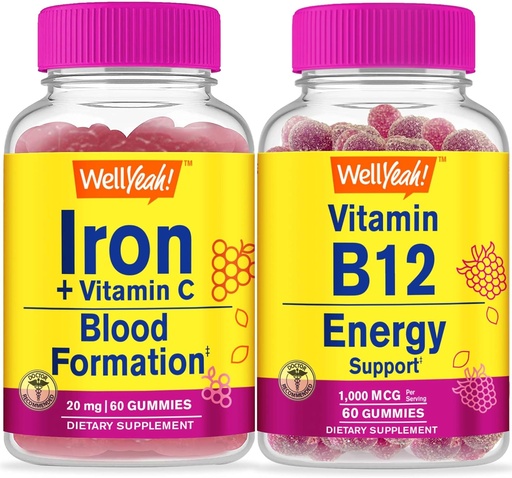 [BRSROEA2DNYGAHTU] WellYeah Iron+Vitamin C + Vitamin B12 1000mcg, Gummies Bundle - Great Tasting, Vitamin Supplement, Gluten Free, GMO Free, Chewable Gummy