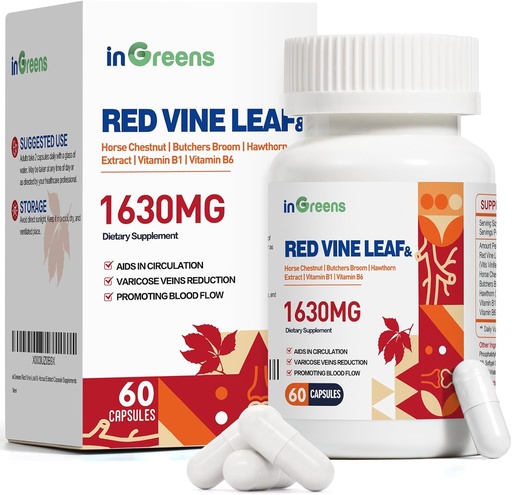 [BRSRO2TRBV6WO2Y4] Red Vine Leaf Extract 1630mg with Horse Chestnut, Butcher’s Broom, Hawthorn Supplement for Varicose Veins, Leg, Circulation, Heart, Skin, Support for Heart Health, Made in USA, 60 Capsules