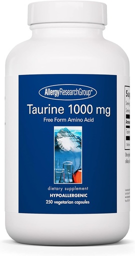 [BRSWIYIZCIDRM2QZ] Alergia Research Group Tauryna 1000mg Supplement - Wsparcie sercowo-naczyniowe, Wolna forma Amino Acid, Czysty, Organiczny, Kapsułki wegetariańskie - 250 Count
