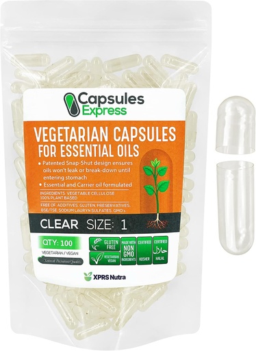 [BRSW2ZIPA57WCE3P] XPRS Nutra Size 1 Empty Vegan Capsule - 100 Count Clear Veggie Capsule per la maggior parte degli oli essenziali - Pillole vegetali vuoti - Riempimento olio fai da te
