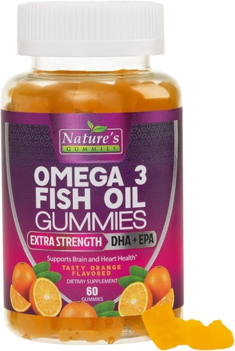 [BRSW2YA3BECBOELX] Omega 3 Mangas de aceite de pescado, corazón sano Omega 3 Gummy Suplemento con alta absorción DHA &amp; EPA, Extra Strength Joint & Brain Support, Delicious Orange Flavor Fish Oil Nature's Vitamin - 60 Gummies