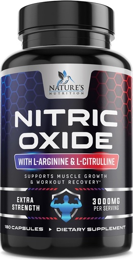 [BRSWYAIQAF7WC2DB] Nitric Oxide Booster Extra Strength - 3X Strength L-Arginine & Citrulline Supplement - Best Nitric Oxide Supplements for Men - Supports Muscle, Heart Health, Energy - Bottled in USA - 180 Capsules
