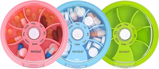 [BRSW2ZDRAR6AYELV] INVODA Weekly Pill Organizer 7 Compating Pill Box for Daily Medication & Vitamin - Portable Case Pill Fish Oil Suplemen Vitamin Organizer (Pink + Sky Blue + Green)