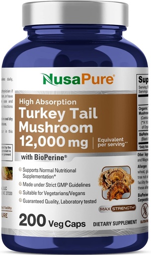 [BRSROZD7AQFGEH34] NusaPure Turkey Tail Mushroom Capsules, 10:1 Extract, 1200 mg Equivalent to 12,000mg, 200 Vcaps, Non-GMO, Gluten Free, Bioperine