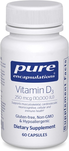 [BRSWIYANOYOA4F3O] Pure Encapsulations Βιταμίνη D3 250 mcg (10.000 IU) - Συμπλήρωμα Υποστήριξης Οστών, αρθρώσεων, μαστού, καρδιάς, παχέος εντέρου & ανοσοποιητικής υγείας - με Premium Βιταμίνη D - 60 κάψουλες