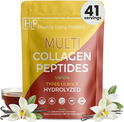 [BRSROHQYBYGWYAAY] Healthy Living Proteins - Hydrolyzed Multi Collagen Peptides Powder Types I, II, III, V & X - Grass Fed Bovine, Wild Caught Marine, Free Range Chicken - Gluten Free (Vanilla, 16 oz)