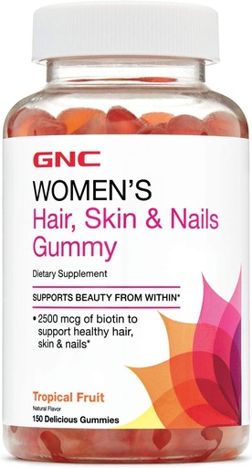 [BRSWKGQBCIOWYHLU] GNC Women's Hair, Skin & Nails Gummy - Tropical Fruit, 150 Gummies, Contains Biotin for Strong and Healthy Hair, Skin and Nails