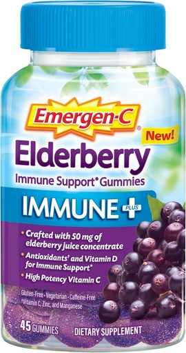 [BRSWGBTQO5YGGYDX] Emergen-C Immune+ Elderberry Gummies, 750 mg Vitamin C with Vitamin D, Zinc and Electrolytes, Immune Support Dietary Supplement, Caffeine Free, Gluten Free, Elderberry Flavor - 45 Count