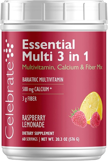 [BRSWKHALBUAQIC3L] Celebrate Vitamine 3-in-1 Bariatric Multivitamin mit Calcium Citrate Drink Mix - 500mg Calcium, Glutenfrei, Zuckerfrei - Pulvermischung für Post Bariatric Surgery - Rasp Lemonade (60 Servietten)
