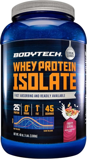 [BRSWYZAZAQPWKC3H] BODYTECH Whey Protein Isolate Powder - Fruity Cereal (3 lbs./46 Servings)