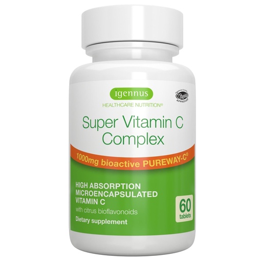 [BRSWYGLYDIFG2E35] Igennus High Absorption Super Vitamin C, Clean Label Pureway-C 1000mg, Vegan Vitamin C with Bioflavonoids, 60 Servings, 24-Hour Action, Immune Health, Energy, Heart & Brain