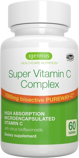 [BRSWYGLYDIFG2E35] Igennus High Absorption Super Vitaminas C, Švari etiketė Pureway- C 1000mg, Vegan Vitaminas C su bioflavonoidais, 60 Paslaugos, 24- Valanda Veiksmo, Imuninė sveikata, Energija, Širdies ir smegenų