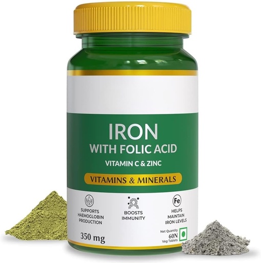 [BRSROAYRAEFR6F3L] Naturals Iron with Folic Acid, Zinc, Vitamin C & Vitamin B12 for Support Haemoglobin Production, Boost Immunity & Maintain Iron Level - 60 Veg Tablets