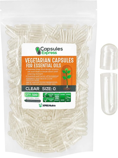 [BRSWYAYECMMQOC3O] XPRS Nutra Boyutu 0 Boş Vegan Capsules - Temel Petroller için 500 Kont Clear Veggie Capsules - Boş Sebze Do-Kendi Caps, Çoğu Temel Yağlarla Çalışıyor