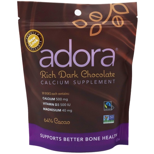 [BRSWIED6CV4A22YZ] Adora Calcium Supplement, Fairtrade Dark Chocolate, Single Pack - 30 ct