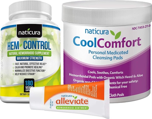 [BRSWYCY5OIMROG36] Bundle - Alleviate Natural Hemorrhoid Relief Ointment, Hem-Control Natural Hemorrhoid Supplement (180 Count), and CoolComfort Personal Cleansing Pads (100 Count) - All-Natural, Fast Acting