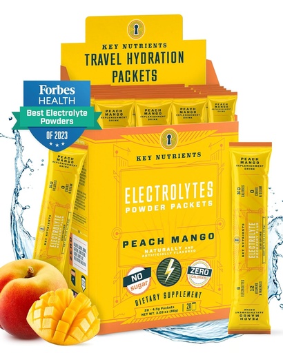 [BRSW2GITBMHR4FLD] KEY NUTRIENTS Electrolytes Powder Packets - Tropical Peach Mango 20 Pack Hydration Packets - Travel Hydration Powder - No Sugar, No Calories, Gluten Free - Made in USA