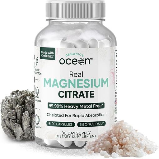 [BRSRAA33CUFAGHIY] Organiske Ocean Real Magnesium Citrate - Høj Absorption Magnesium supplement - Chelated Magnesium til støtte for energi, afspænding og regelmæssighed