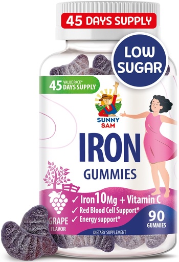 [BRSROA33AQGQIGTJ] SUNNY SAM Iron Gummies for Kids & Adults - Iron Vitamins with Vitamin C, 10mg per Serving - Chewable Fruit Gummy for Immune Support Red Blood Cell Production
