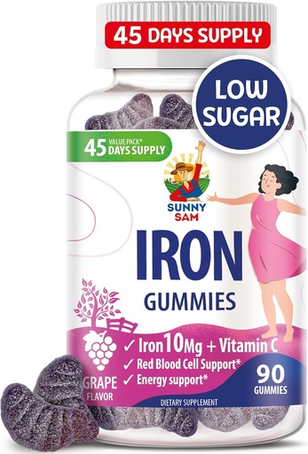 [BRSROA33AQGQIGTJ] SUNNY SAM Iron Gummies for Kids & Adults - Iron Vitamins with Vitamin C, 10mg per Serving - Chewable Fruit Gummy for Immune Support Red Blood Cell Production