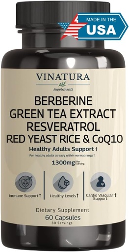 [BRSROZA3O4MQGEQY] VINATURA Berberine HCL & Ceylon Cinnamon - Red Yeast Rice & CoQ10 1300mg per Serving *USA Made & Tested* Healthy Levels with Green Tea Extract, Resveratrol, Magnesium, Glycinate, Chromium Picolinate