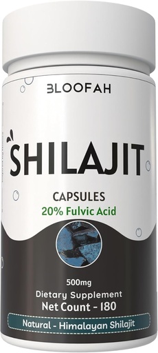 [BRSRAZL6CB7GKHLH] Bloofah Shilajit Capsules 500mg=20% Extrait Acide Fulvic=20% Poudre de Shilajit naturel (Asphaltum)=% Non-OGM, Supplément de bien-être Premium sans gluten pour usage quotidien (180 Nombre (paquet de 1))