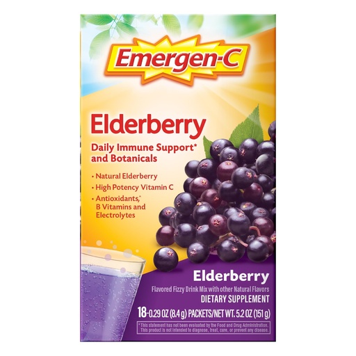 [BRSWYZA5CNYBQHTP] Emergen-C Elderberry Fizzy Drink Mix, Elderberry Immune Support, Natural Flavors, With High Potency Vitamin C, 18 Count