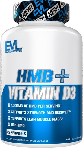 [BRSRAFANOBYWACLF] Evluition Nutrition HMB + Vitamina D3 - Suporta força muscular e massa muscular magra - Recuperação de exercícios - 1000mg HMB por serviço - Não-GMO - Suplemento dietético - 45 Servings - 90 Cápsulas Veggie