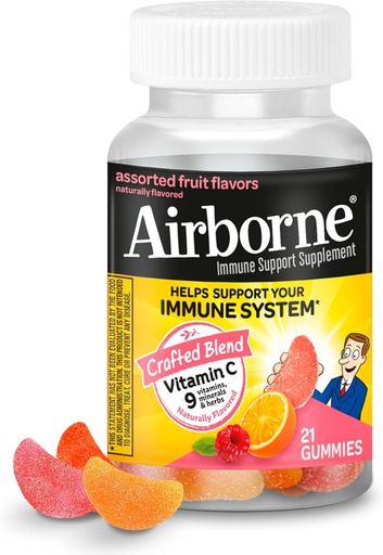 [BRSWIEIEBAGG2HTO] Airborne Vitamin C 750mg (per Serving) Assorted Fruit Flavored Gummies (21 Count in a Bottle), Gluten-Free Immune Support Supplement with Vitamins A C E, Selenium, Echinacea & Ginger