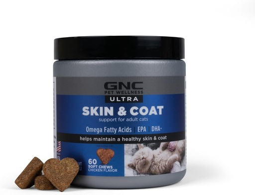 [BRSW2HD5OUHAEFAU] GNC Pets Ultra Skin & Coat Soft Chews, Chicken Flavor Cat Vitamins, Anti Shedding Supplement for Cats with Dry Skin, Treatment and Dandruff Relief, 60 Count