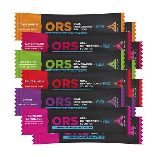[BRSRAFAPCMBAOGTV] Fluid Tactical - ORS (Oral Rehydration Solution), Recover Faster, Extreme Dehydration Electrolytes, 12pack (Variety Pack - 2x6 Flavors)
