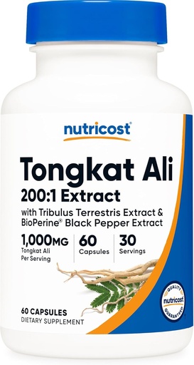 [BRSWG23ROABQYFY7] Nutricost Tongkat Ali 1000 mg 60 kapsulių - su Tribulus Terrestris ir BioPerine, Vegetariškų kapsulių, Non- GMO, Gluten Free, Stiprus ekstraktas