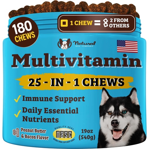 [BRSROBD5BAGRAETH] Natural Dog Company 25-in-1 Multivitamin for Dogs – Vet-Formulated Soft Chews for Puppies, Adults & Seniors, Supports Joints, Skin, Coat, Immune & Heart Health, NASC Certified, 180 Count